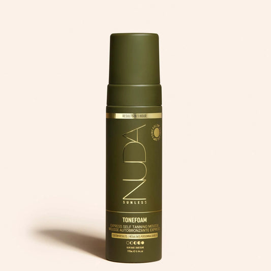 NUDA Tonefoam- Express Tanning Mousse-Olive Sunless Tanner available to buy online from RENU Laser & Skin in Mill Bay, BC on Vancouver Island